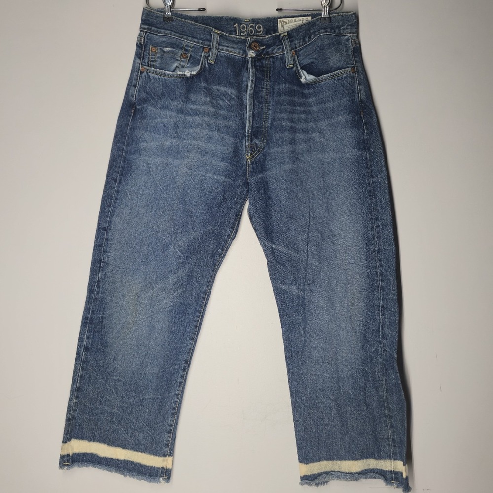 Gap 1969 Selvedge Denim 3/4 Length Jeans Size 35 Bleach Stripe Relaxed Straight